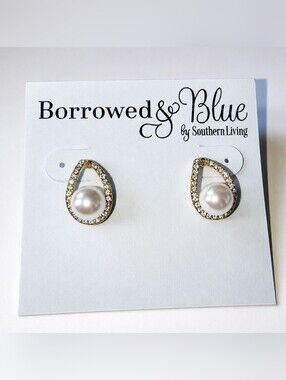 NWT Borrowed & Blue Southern Living Faux Pearl & Crystal Teardrop Stud Earrings